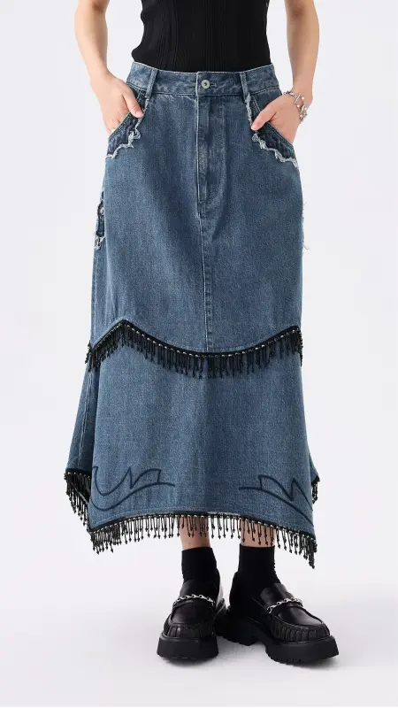 Western Patched Denim Fishtail Skirt online