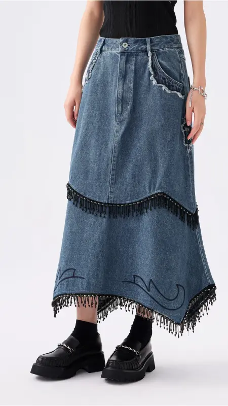 Western Patched Denim Fishtail Skirt online